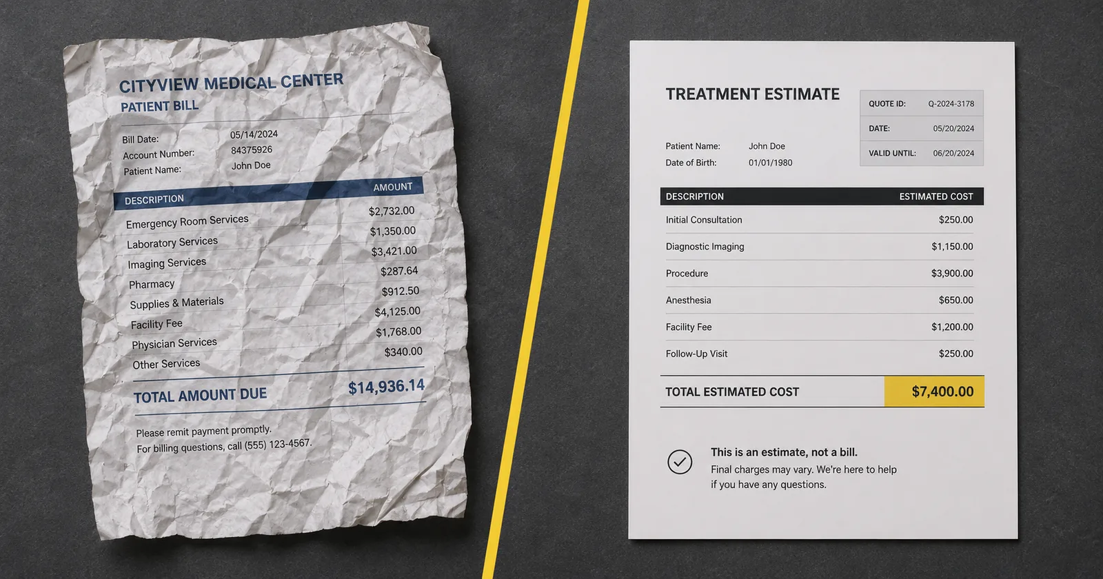 Illustrative mockup: a crumpled, inflated hospital bill next to a clean, itemized treatment estimate with the total highlighted