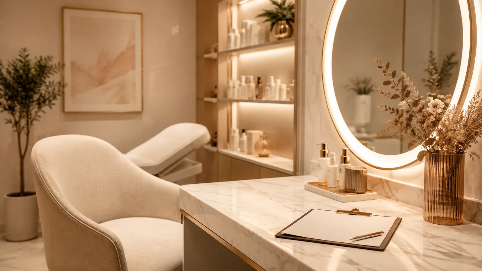 A warm, modern consultation room with a clipboard ready on the counter