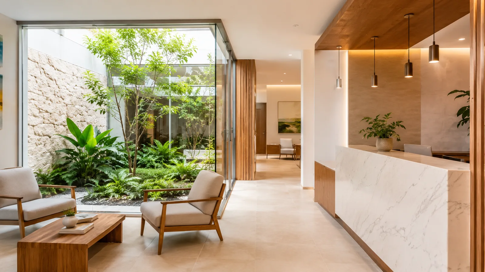 A bright modern clinic lobby with a marble reception desk and interior garden