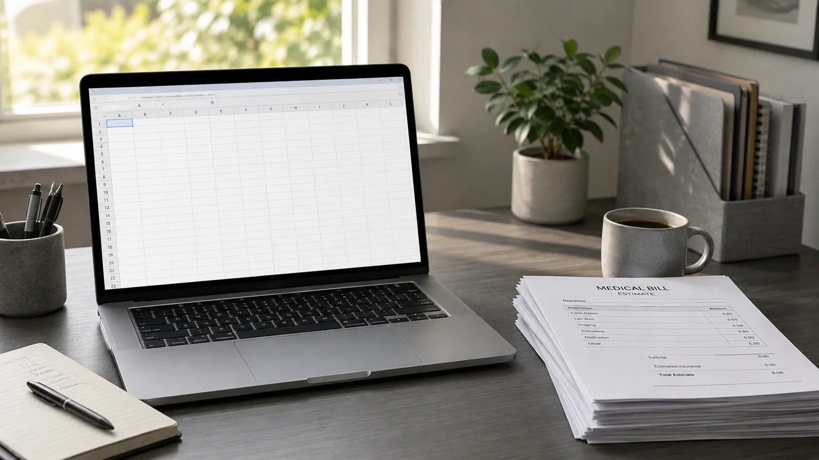 A desk with a blank spreadsheet open on a laptop beside a stack of medical bill estimates &mdash; where quote normalization happens