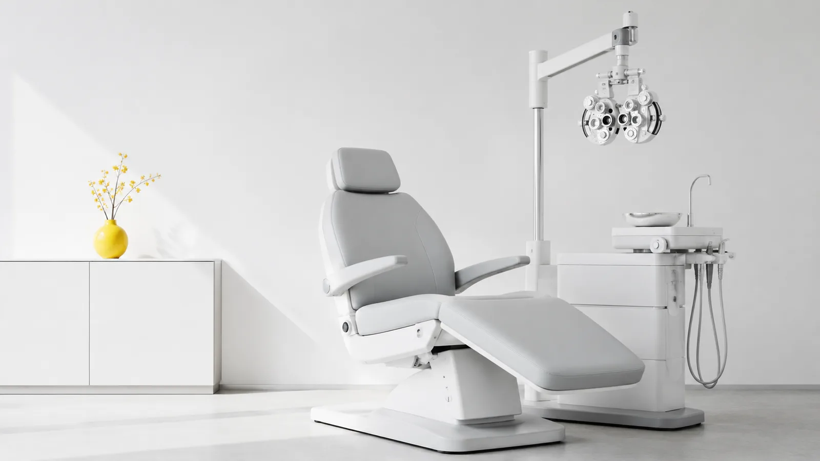 A pristine white clinical examination chair and equipment