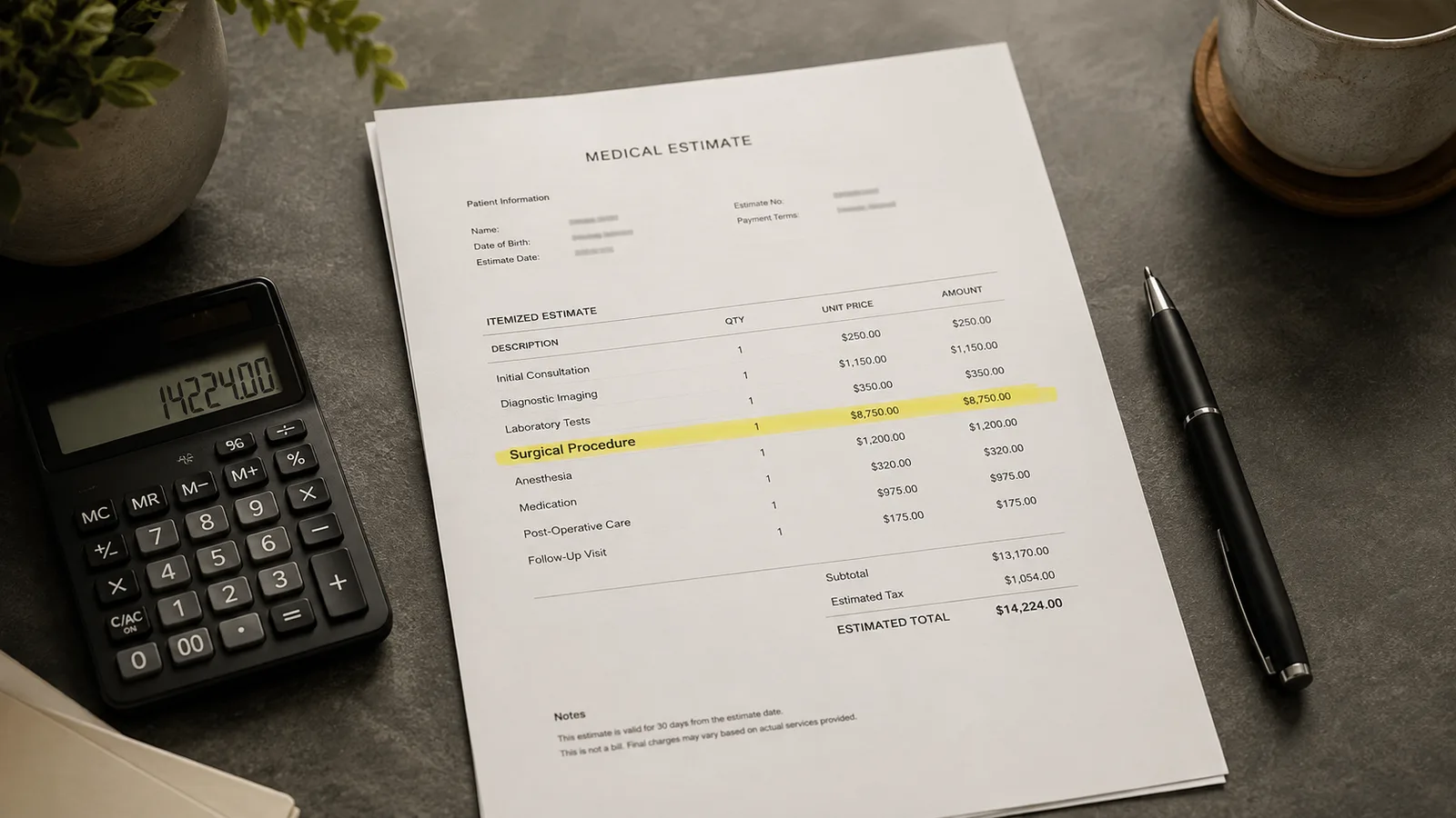 Illustrative mockup of an itemized medical estimate with the surgical procedure line highlighted, next to a calculator