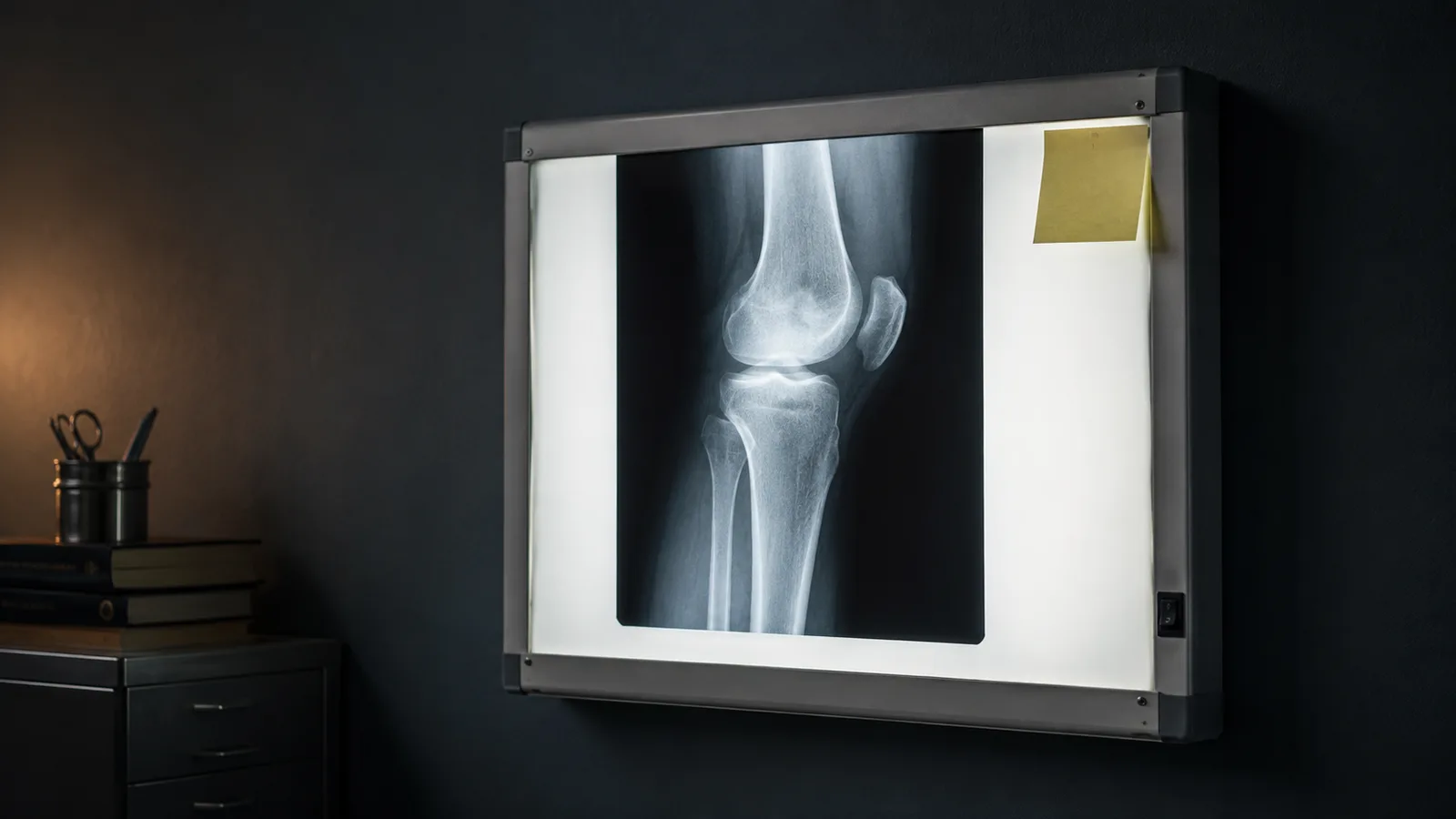 Knee X-ray on a clinic lightbox &mdash; joint replacement shows the widest dollar gap between US and Colombia pricing