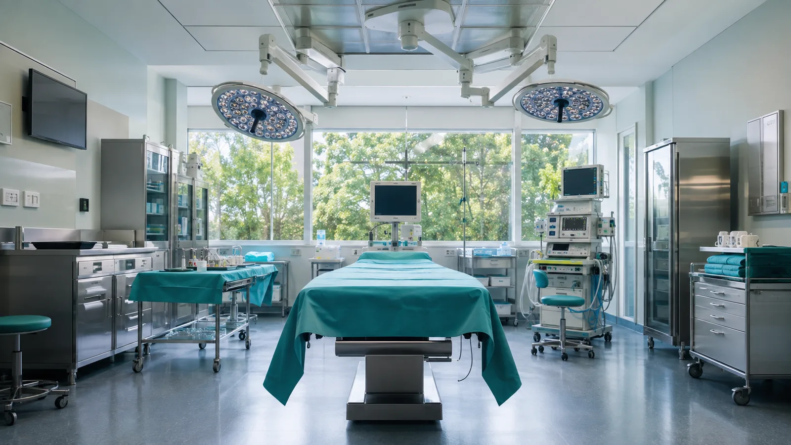 A modern operating room with surgical lights, monitors, and instrument stations
