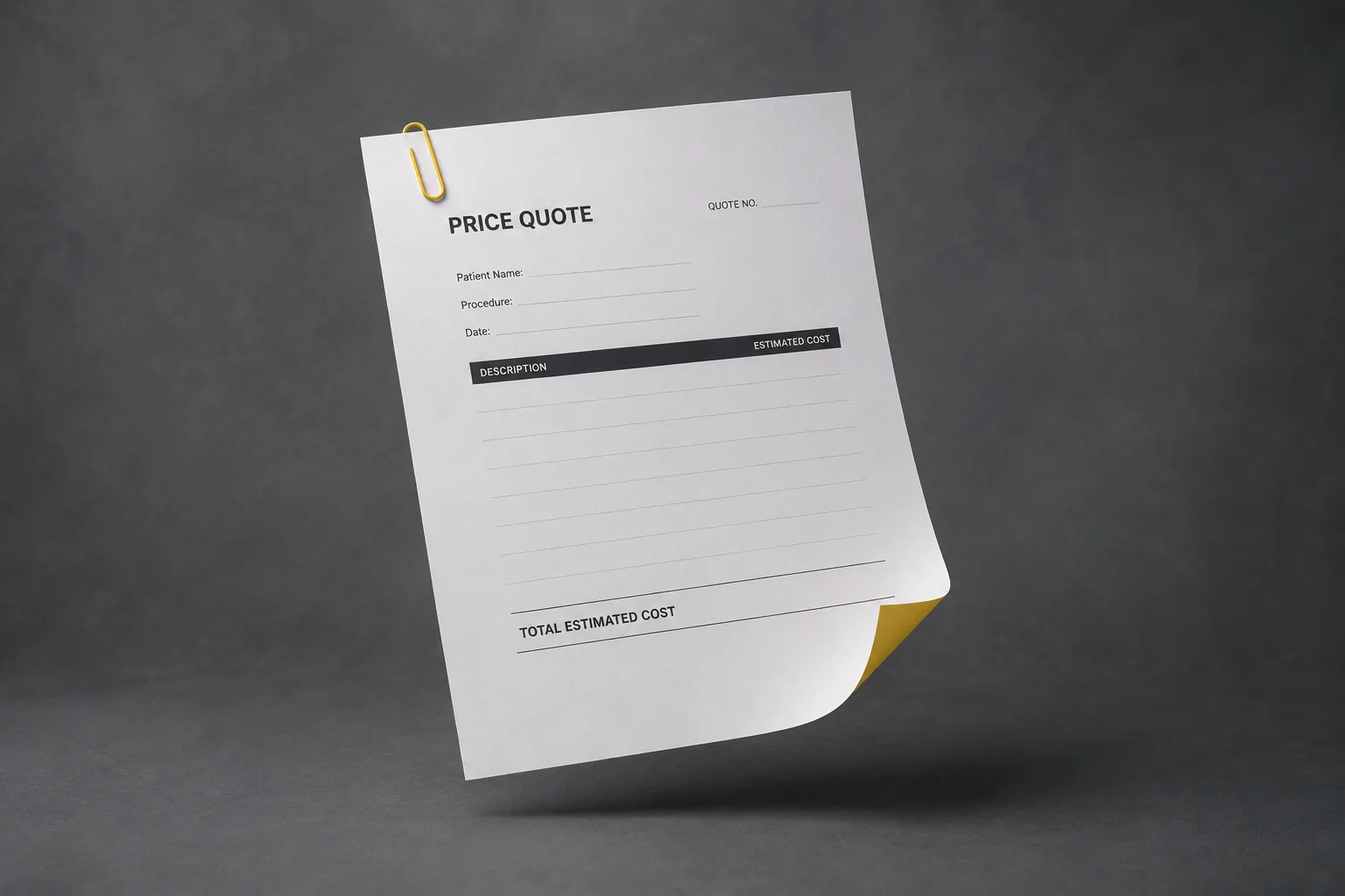 A blank price quote form clipped with a yellow paperclip